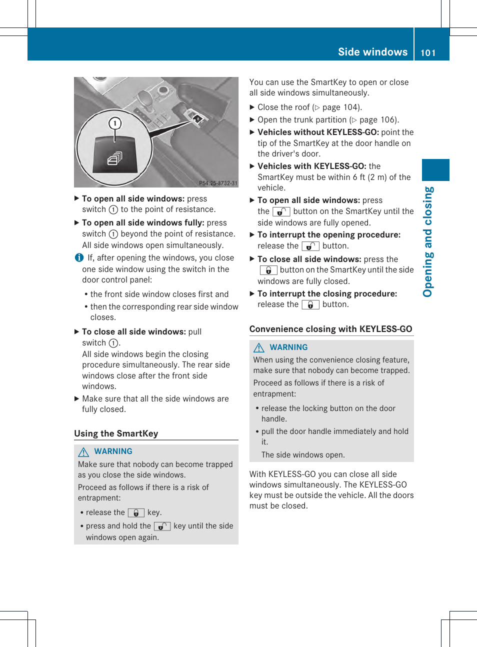 Opening and closing, Side windows | Mercedes-Benz SL-Class 2013 Owners Manual User Manual | Page 103 / 590