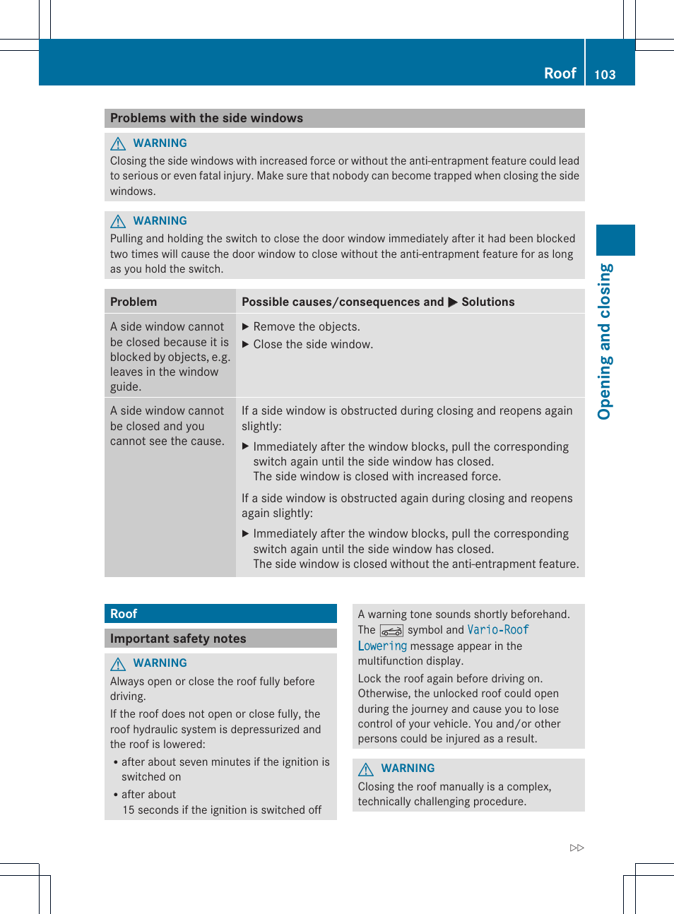 Opening and closing, Roof | Mercedes-Benz SL-Class 2013 Owners Manual User Manual | Page 105 / 590