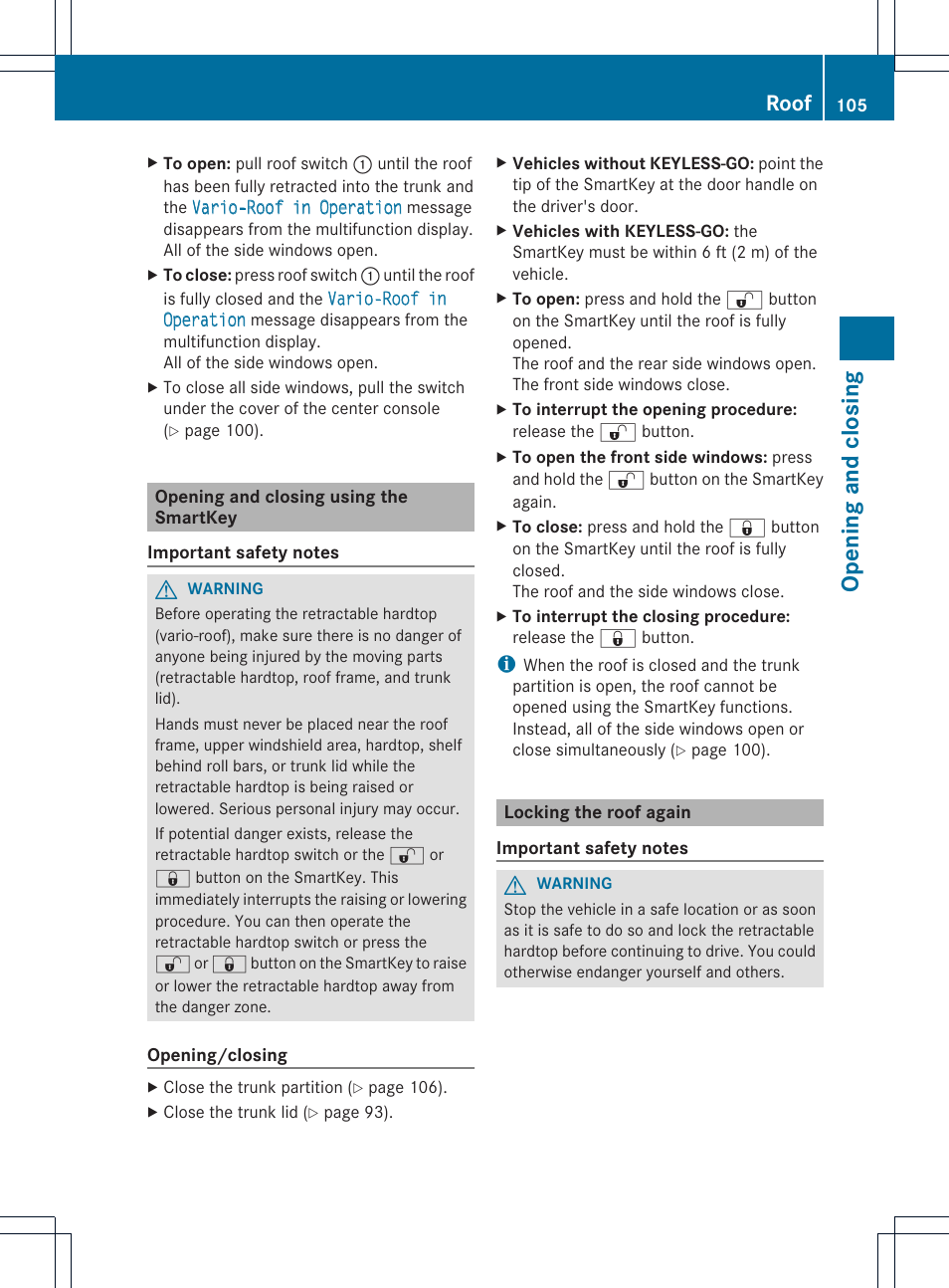 Opening and closing, Roof | Mercedes-Benz SL-Class 2013 Owners Manual User Manual | Page 107 / 590
