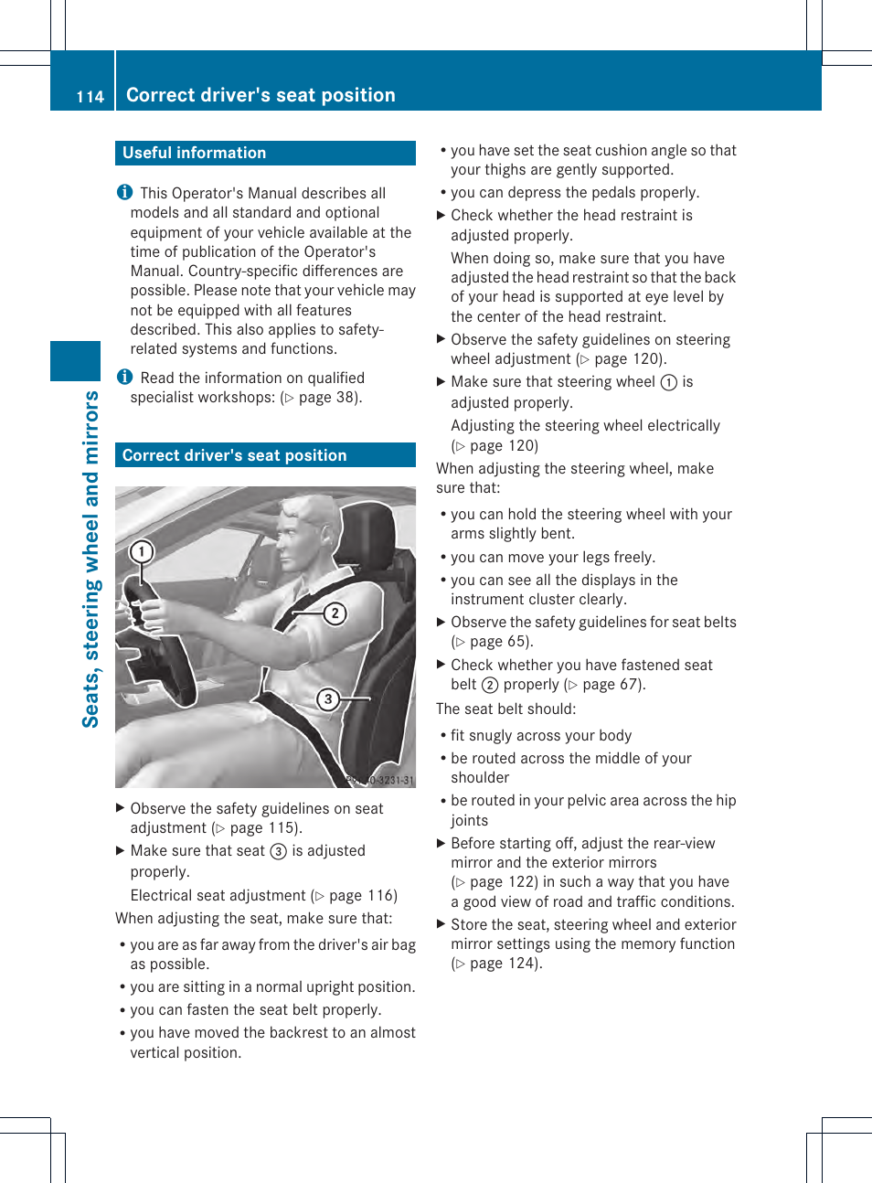 Seats, steering wheel and mirrors, Correct driver's seat position | Mercedes-Benz SL-Class 2013 Owners Manual User Manual | Page 116 / 590