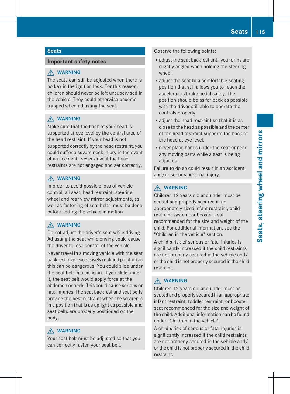Seats, steering wheel and mirrors, Seats | Mercedes-Benz SL-Class 2013 Owners Manual User Manual | Page 117 / 590