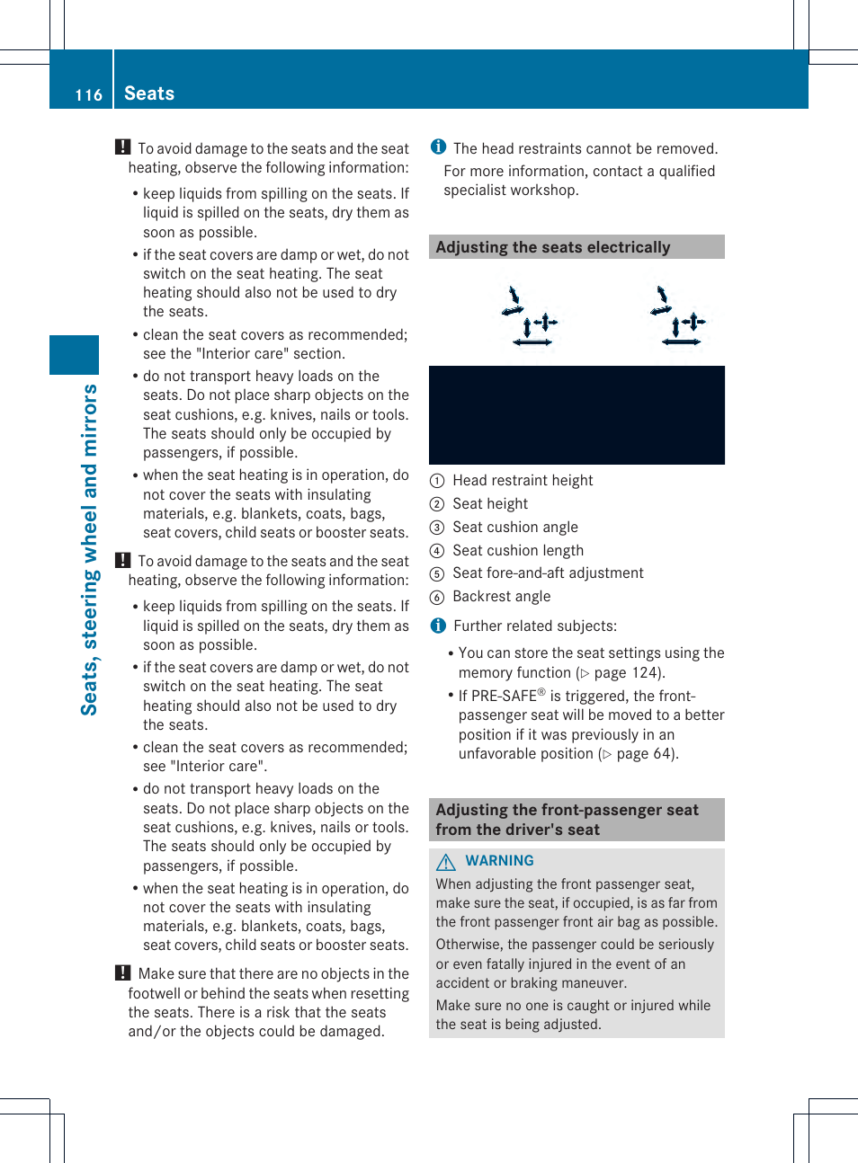 Seat s, steer ing wheel and mir ror s, Seats | Mercedes-Benz SL-Class 2013 Owners Manual User Manual | Page 118 / 590