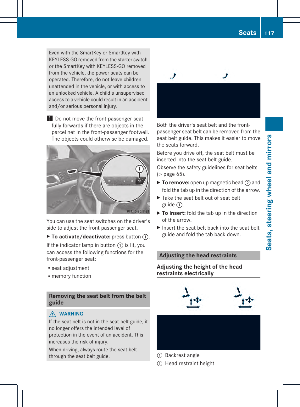 Seats, steering wheel and mirrors, Seats | Mercedes-Benz SL-Class 2013 Owners Manual User Manual | Page 119 / 590
