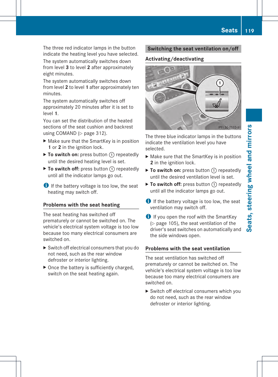 Seats, steering wheel and mirrors, Seats | Mercedes-Benz SL-Class 2013 Owners Manual User Manual | Page 121 / 590