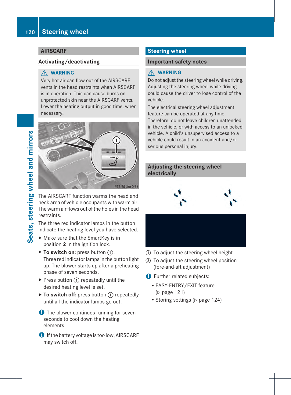 Seats, steering wheel and mirrors, Steering wheel | Mercedes-Benz SL-Class 2013 Owners Manual User Manual | Page 122 / 590