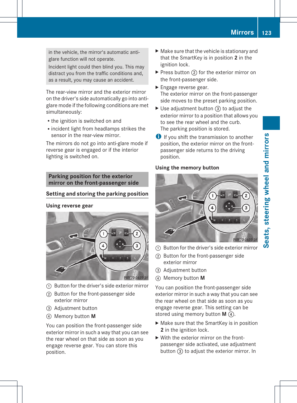 Seats, steering wheel and mirrors, Mirrors | Mercedes-Benz SL-Class 2013 Owners Manual User Manual | Page 125 / 590