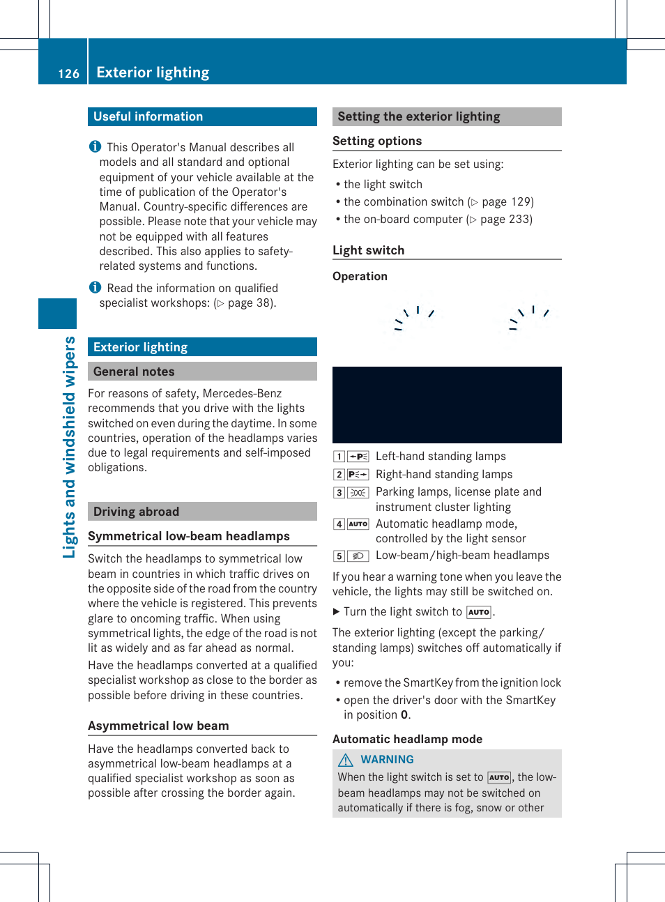 Lights and windshield wipers, Exterior lighting | Mercedes-Benz SL-Class 2013 Owners Manual User Manual | Page 128 / 590