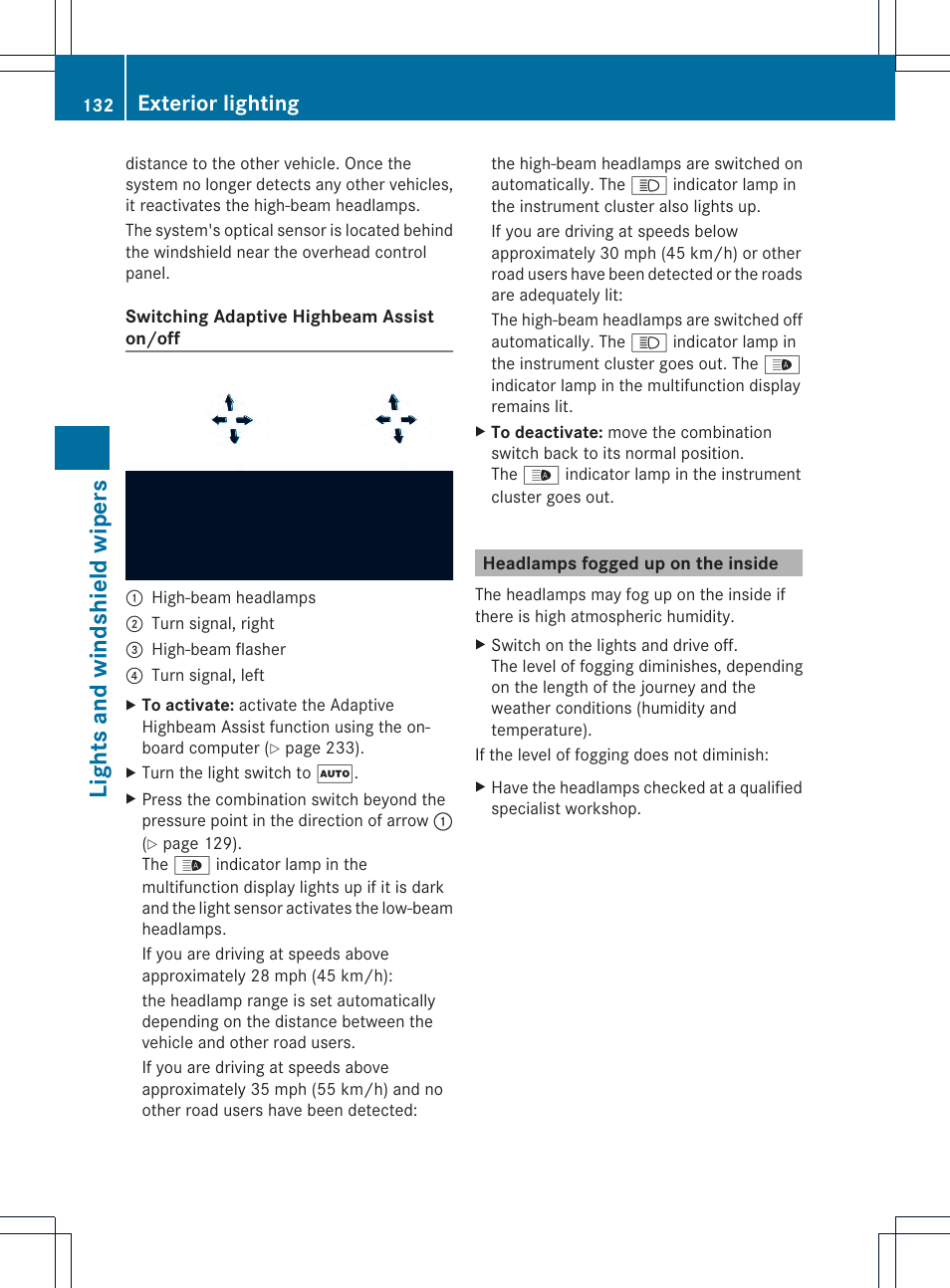 Lights and windshield wipers, Exterior lighting | Mercedes-Benz SL-Class 2013 Owners Manual User Manual | Page 134 / 590