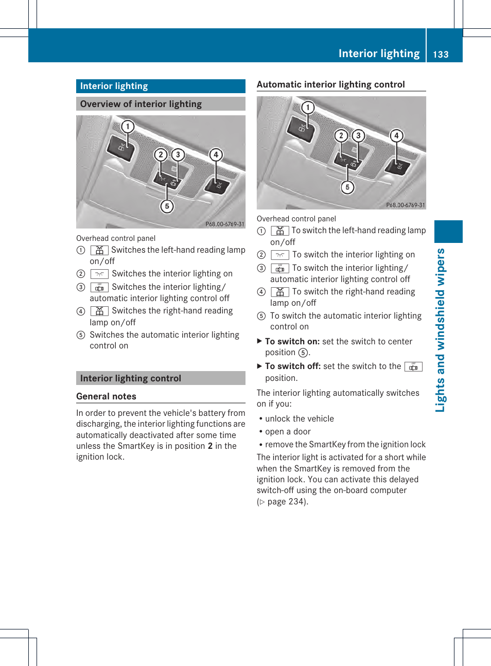 Lights and windshield wipers, Interior lighting | Mercedes-Benz SL-Class 2013 Owners Manual User Manual | Page 135 / 590