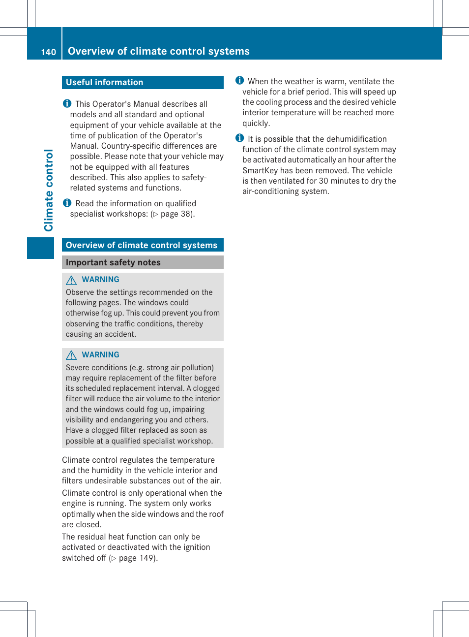 Climate control, Overview of climate control systems | Mercedes-Benz SL-Class 2013 Owners Manual User Manual | Page 142 / 590