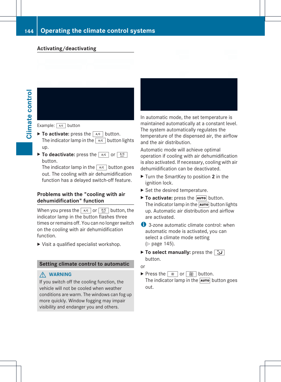 Climate control, Operating the climate control systems | Mercedes-Benz SL-Class 2013 Owners Manual User Manual | Page 146 / 590