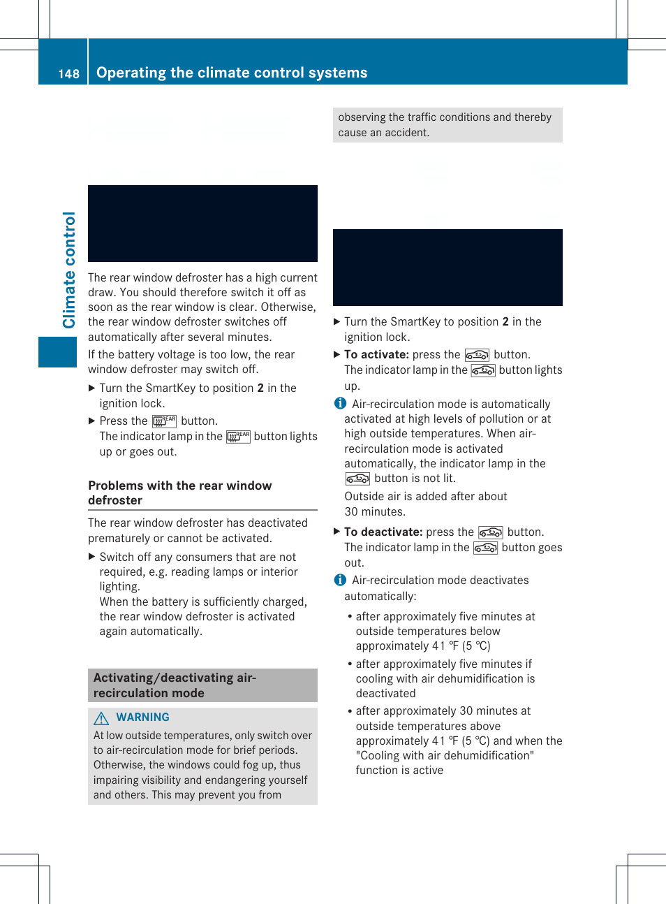 Climat e contr ol, Operating the climate control systems | Mercedes-Benz SL-Class 2013 Owners Manual User Manual | Page 150 / 590