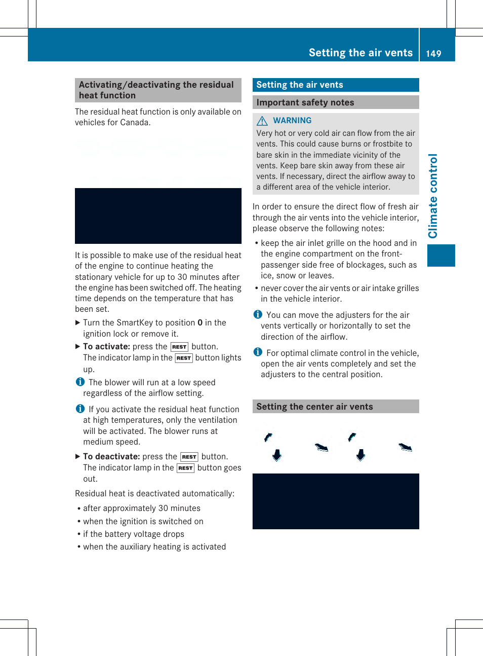 Climate control, Setting the air vents | Mercedes-Benz SL-Class 2013 Owners Manual User Manual | Page 151 / 590