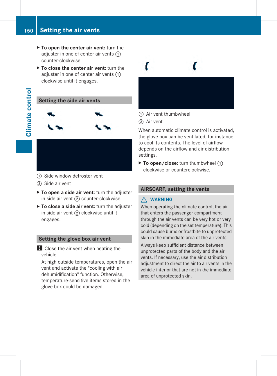 Climat e control, Setting the air vents | Mercedes-Benz SL-Class 2013 Owners Manual User Manual | Page 152 / 590