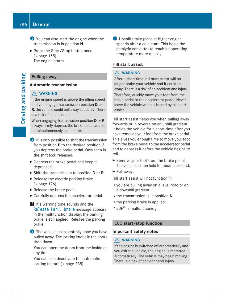 Driving and parking, Driving | Mercedes-Benz SL-Class 2013 Owners Manual User Manual | Page 160 / 590