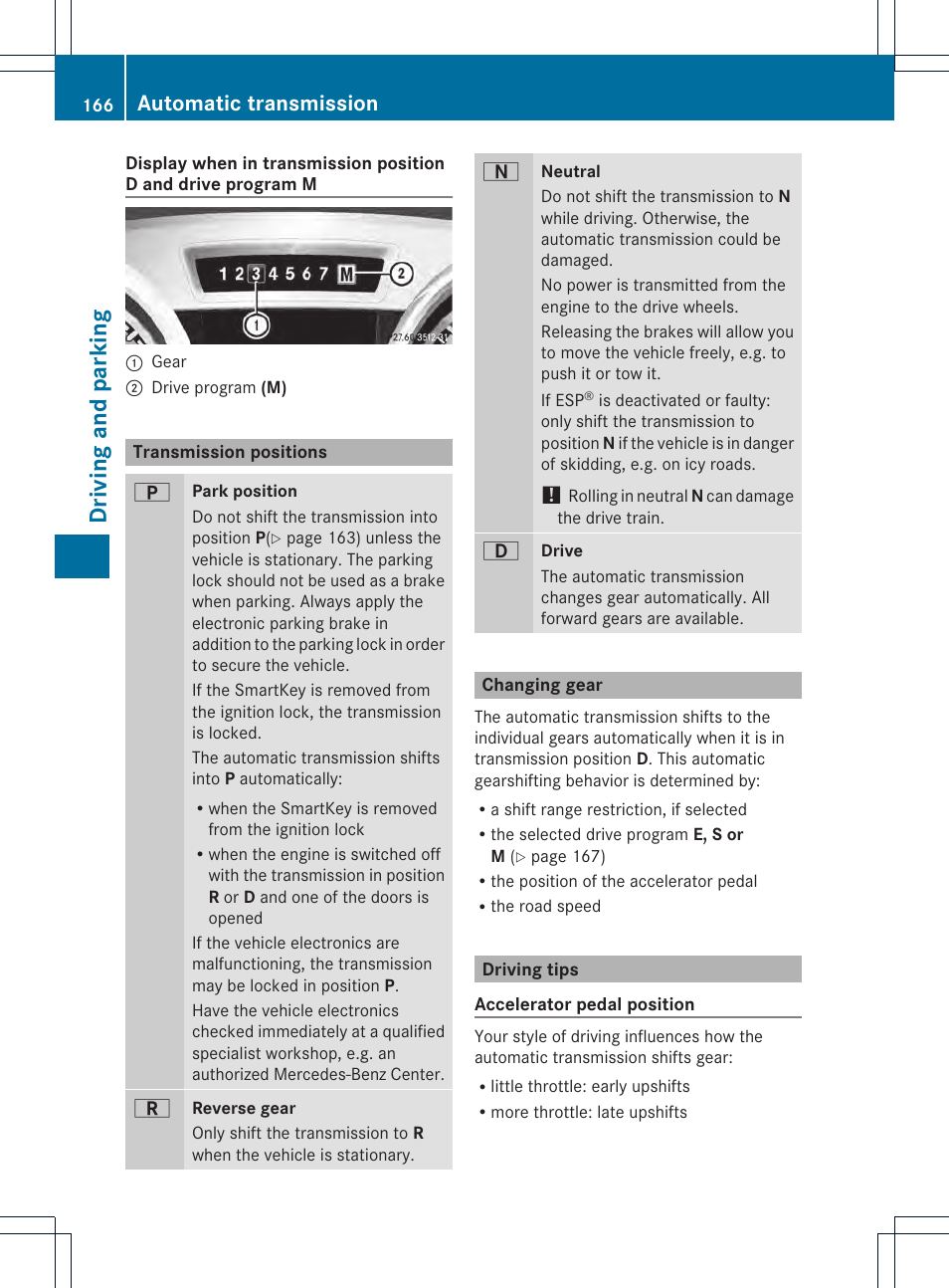 Driving and parking, Automatic transmission | Mercedes-Benz SL-Class 2013 Owners Manual User Manual | Page 168 / 590