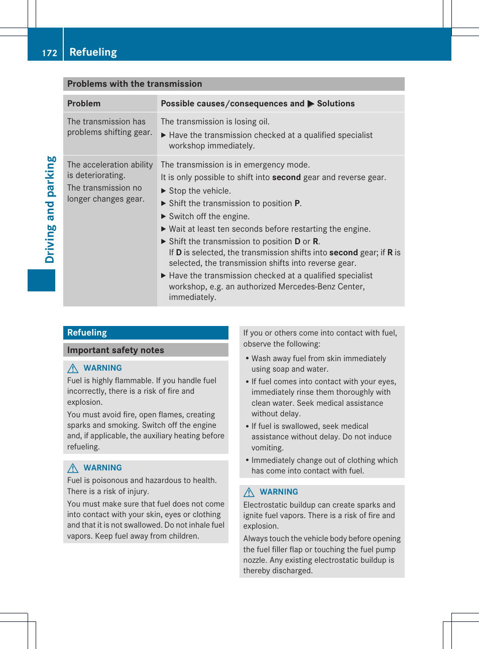 Driving and parking, Refueling | Mercedes-Benz SL-Class 2013 Owners Manual User Manual | Page 174 / 590