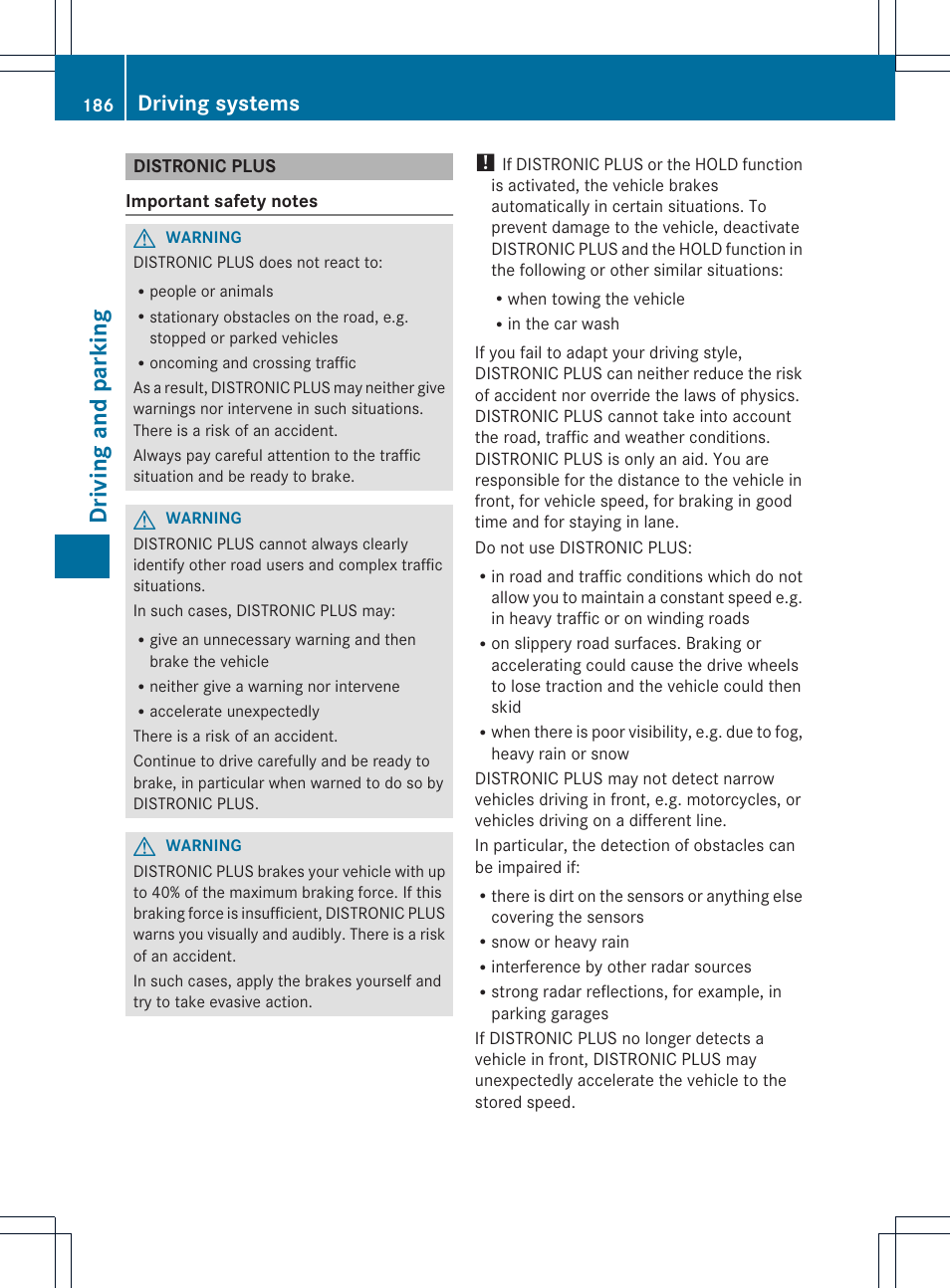 Driving and parking, Driving systems | Mercedes-Benz SL-Class 2013 Owners Manual User Manual | Page 188 / 590