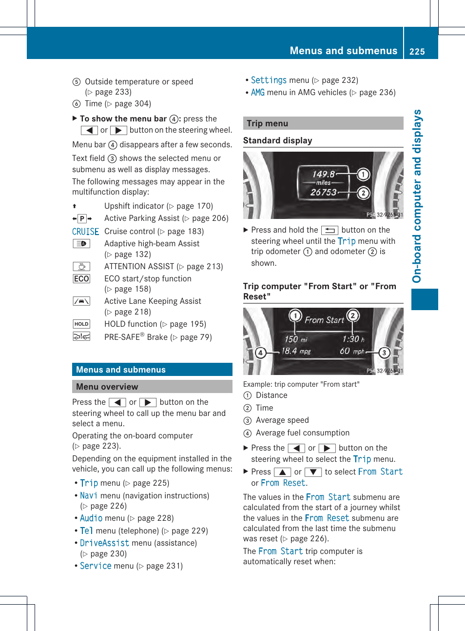 On-board computer and displays, Menus and submenus | Mercedes-Benz SL-Class 2013 Owners Manual User Manual | Page 227 / 590