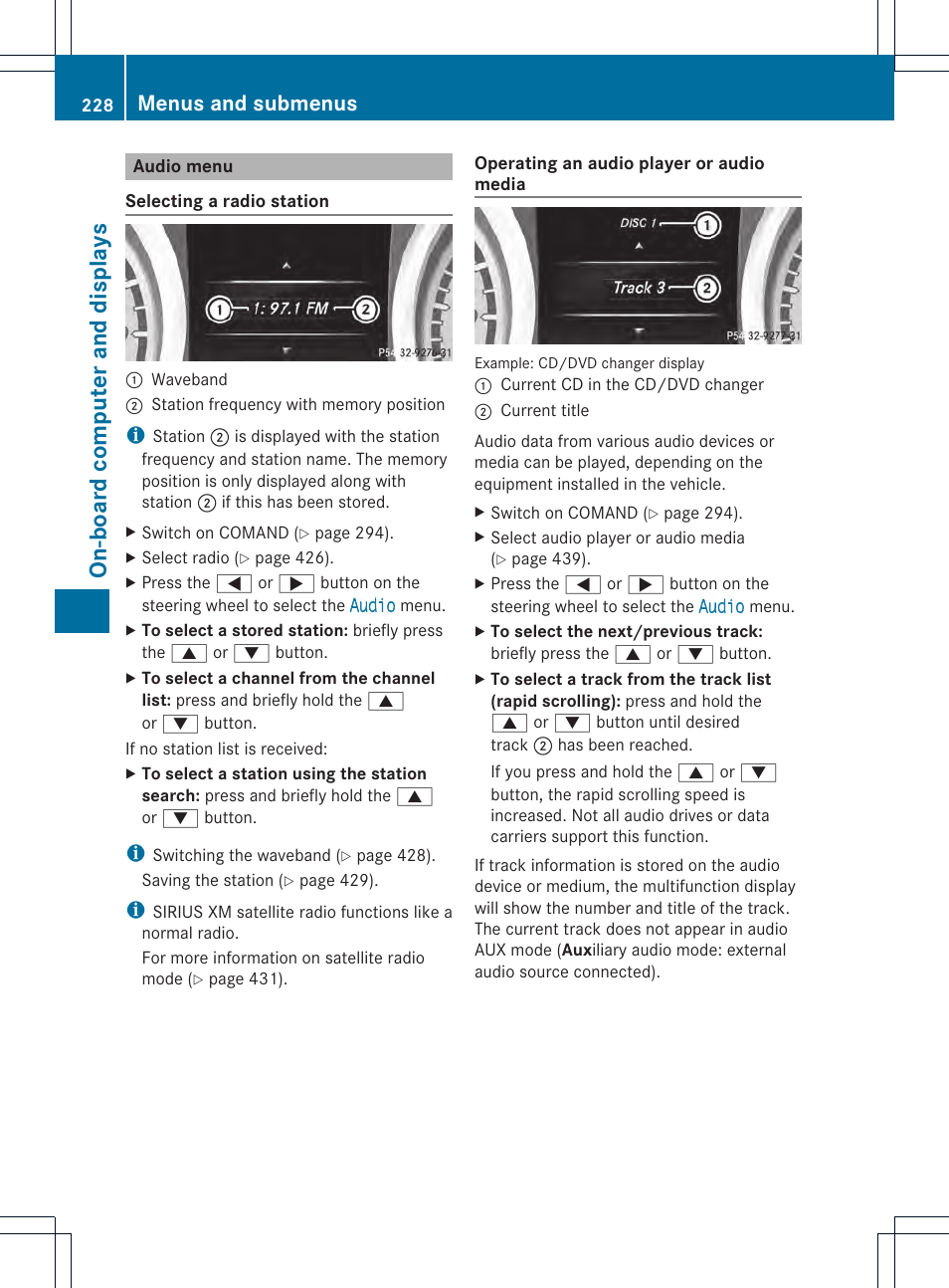 On-board computer and displays, Menus and submenus | Mercedes-Benz SL-Class 2013 Owners Manual User Manual | Page 230 / 590