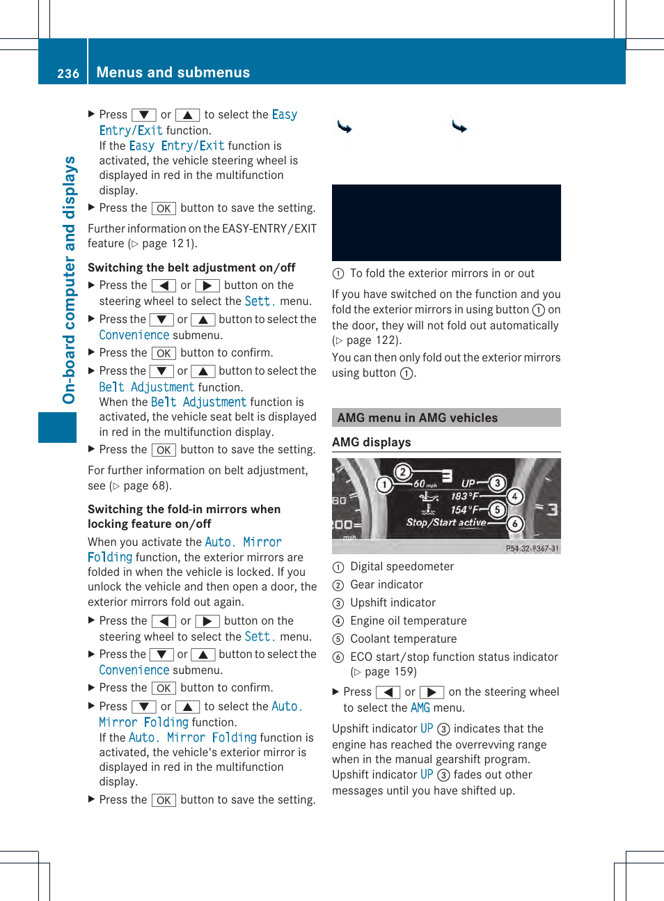 On-board comput er and display s, Menus and submenus | Mercedes-Benz SL-Class 2013 Owners Manual User Manual | Page 238 / 590