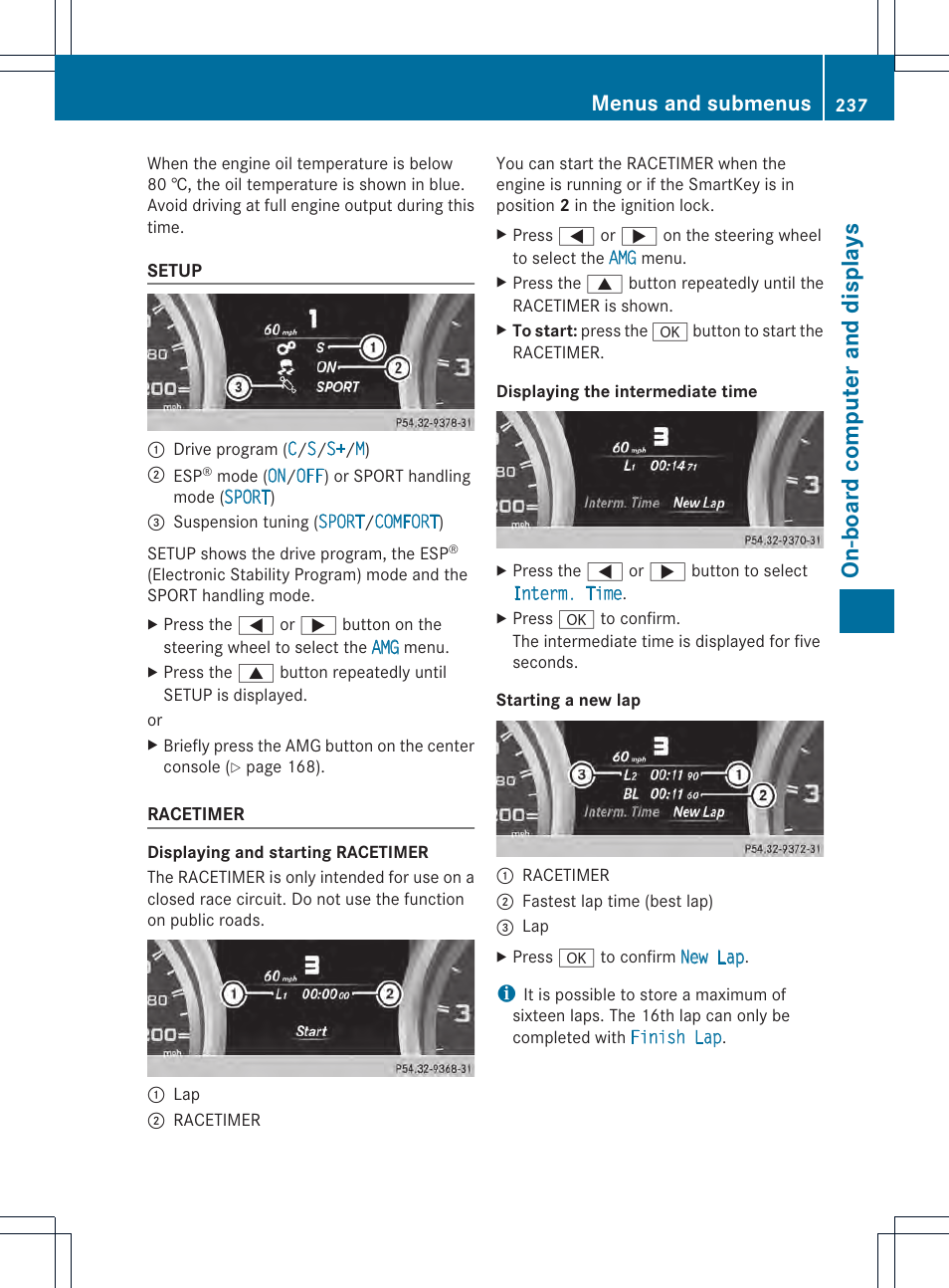 On-boar d comput er and displa ys, Menus and submenus | Mercedes-Benz SL-Class 2013 Owners Manual User Manual | Page 239 / 590