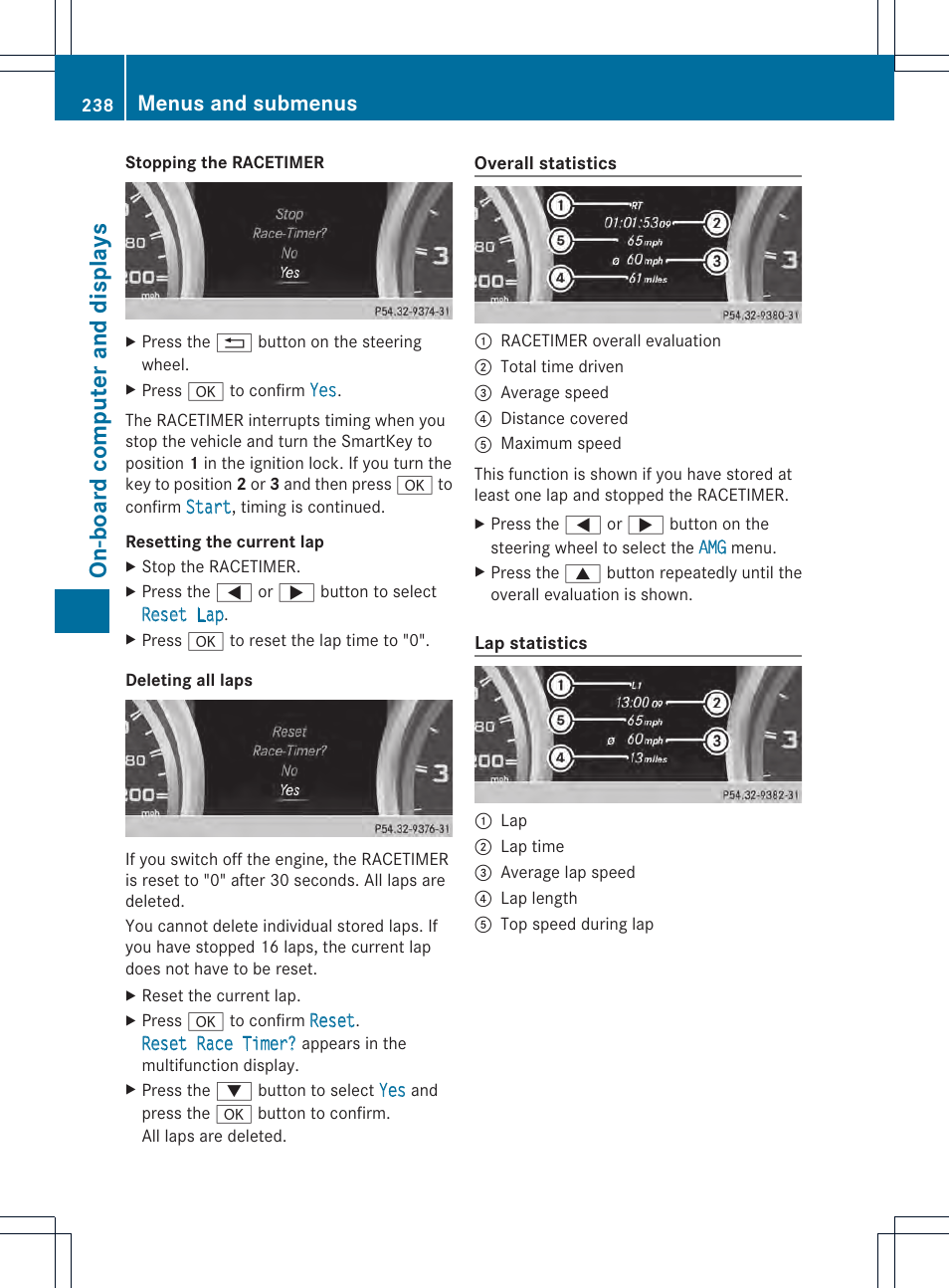 On-board computer and displays, Menus and submenus | Mercedes-Benz SL-Class 2013 Owners Manual User Manual | Page 240 / 590