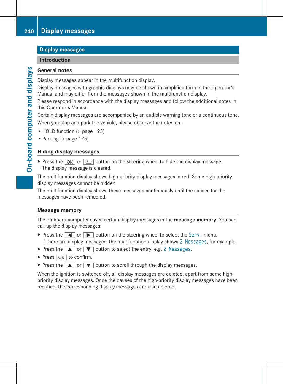 On-board computer and displays, Display messages | Mercedes-Benz SL-Class 2013 Owners Manual User Manual | Page 242 / 590