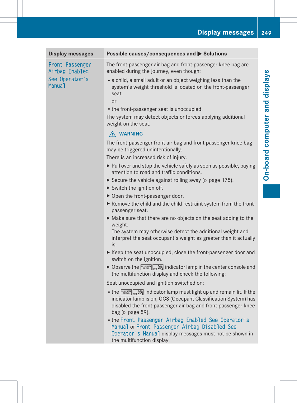 On-board computer and displays, Display messages | Mercedes-Benz SL-Class 2013 Owners Manual User Manual | Page 251 / 590