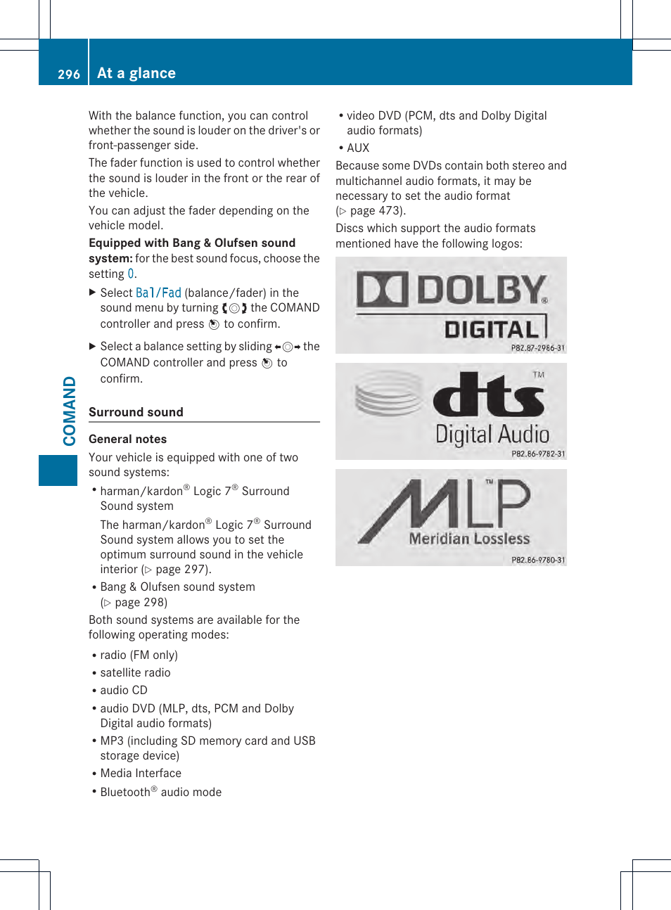 Coman d, At a glance | Mercedes-Benz SL-Class 2013 Owners Manual User Manual | Page 298 / 590