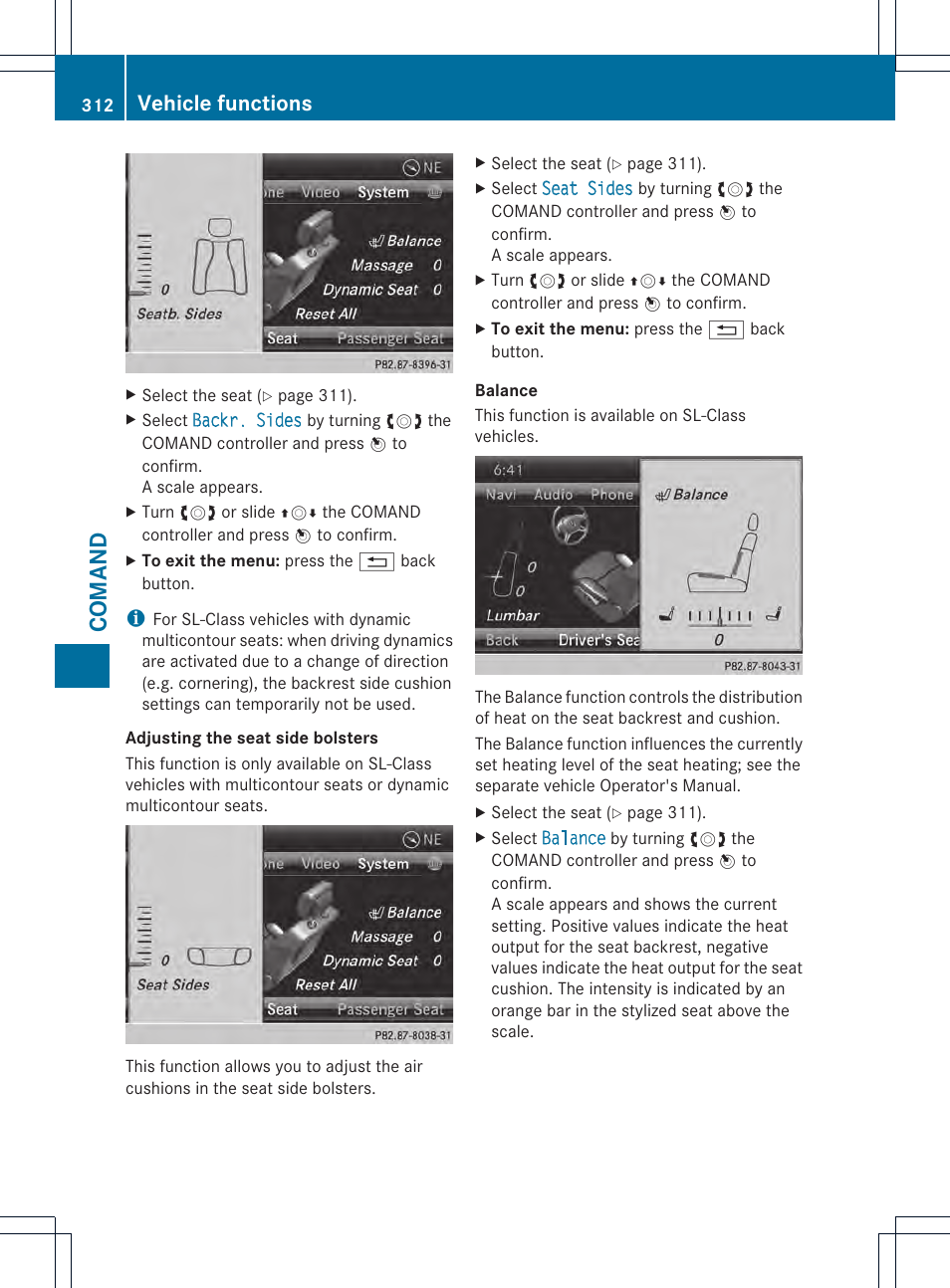 Comand, Vehicle functions | Mercedes-Benz SL-Class 2013 Owners Manual User Manual | Page 314 / 590