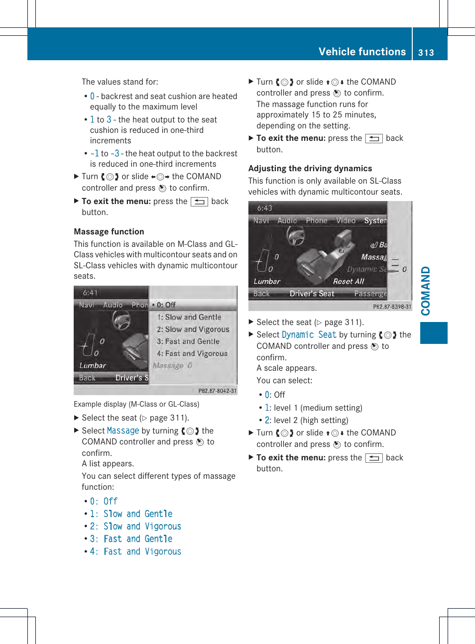 Comand, Vehicle functions | Mercedes-Benz SL-Class 2013 Owners Manual User Manual | Page 315 / 590