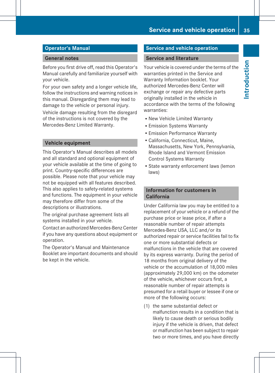Introduction, Service and vehicle operation | Mercedes-Benz SL-Class 2013 Owners Manual User Manual | Page 37 / 590