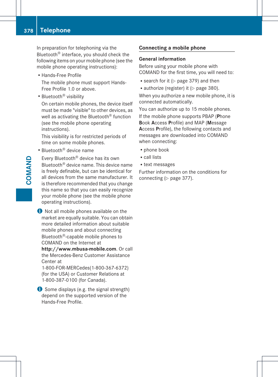 Comand, Telephone | Mercedes-Benz SL-Class 2013 Owners Manual User Manual | Page 380 / 590