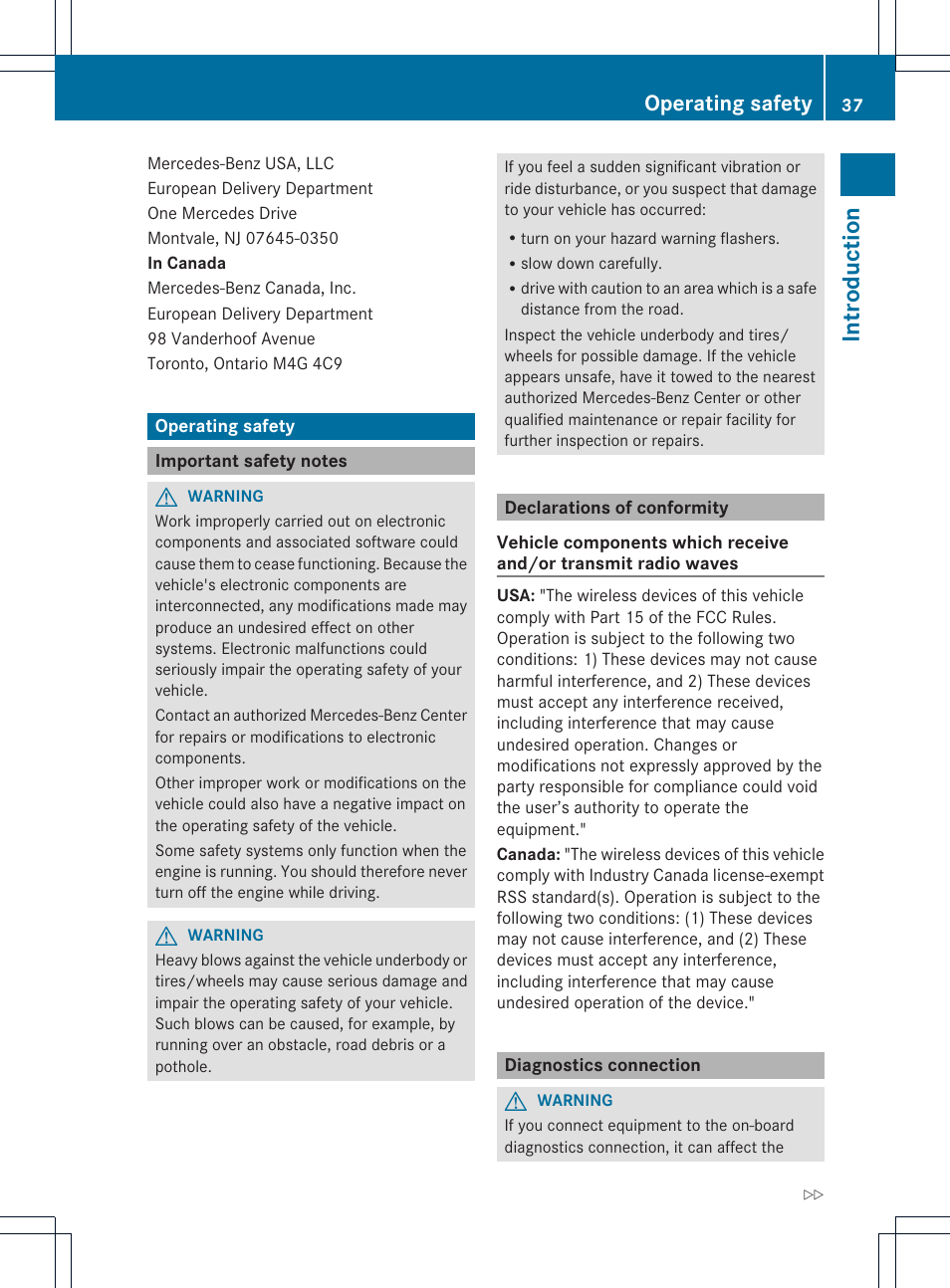 Introduction, Operating safety | Mercedes-Benz SL-Class 2013 Owners Manual User Manual | Page 39 / 590
