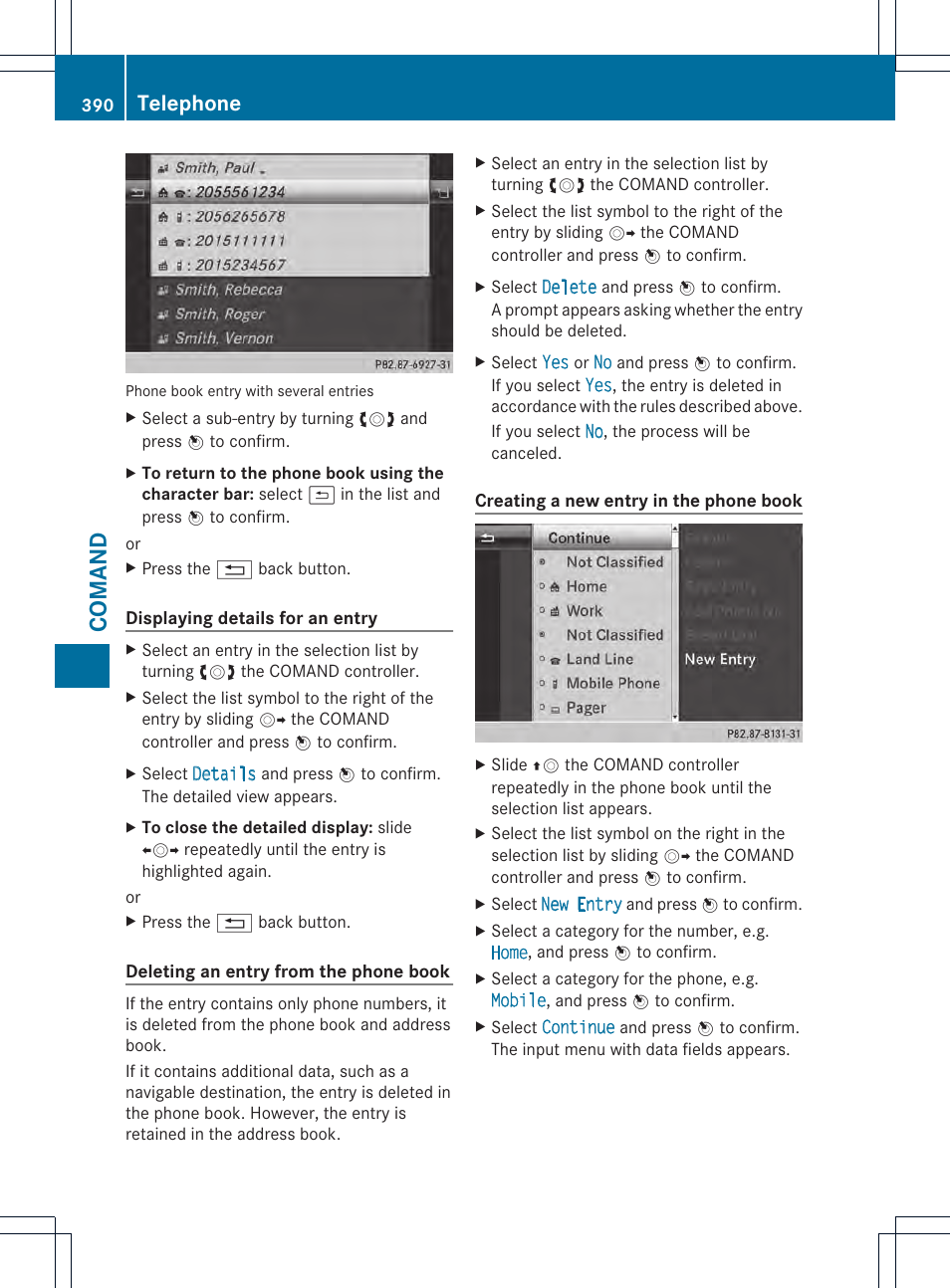 Comand, Telephone | Mercedes-Benz SL-Class 2013 Owners Manual User Manual | Page 392 / 590