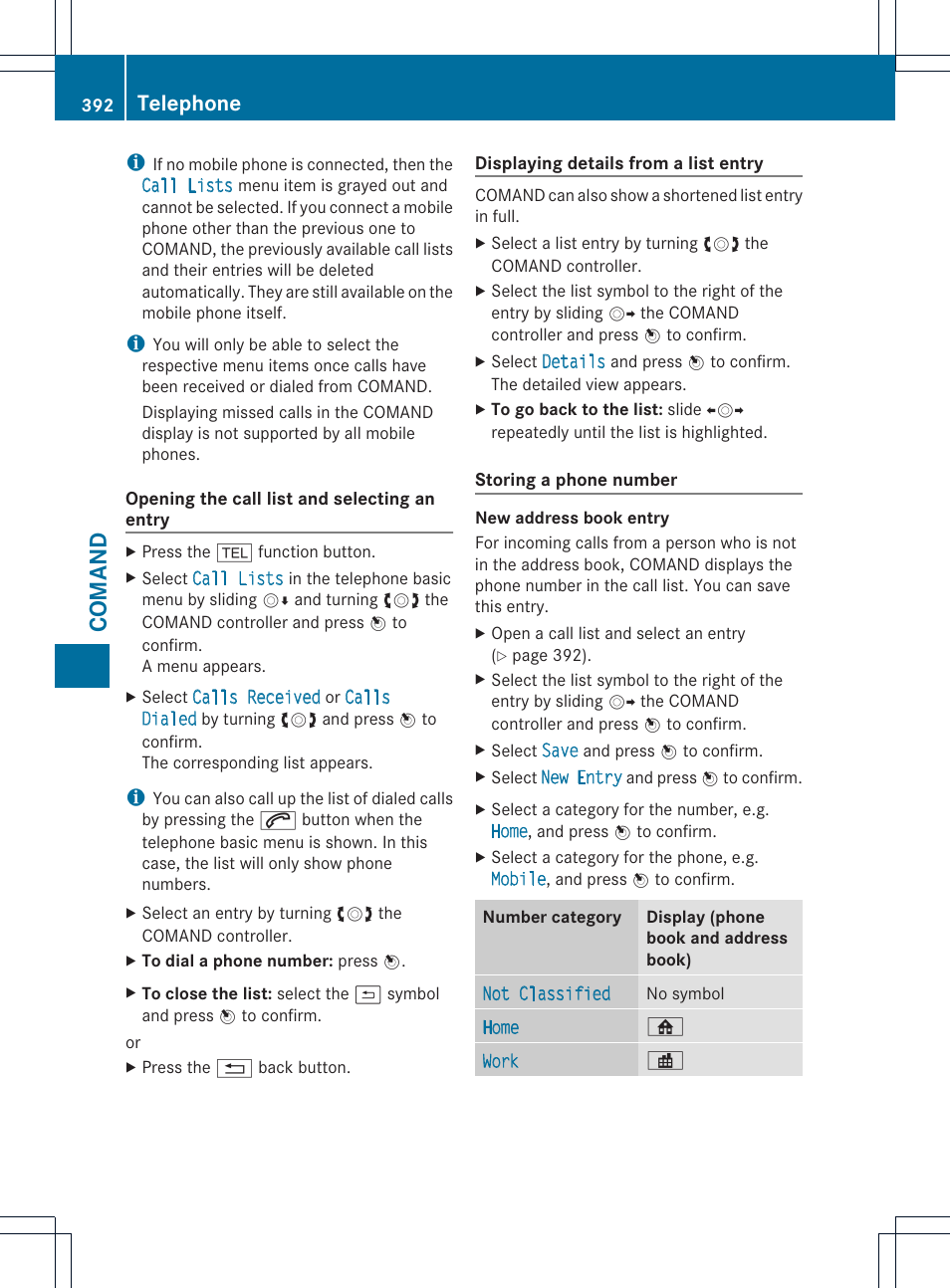 Comand, Telephone | Mercedes-Benz SL-Class 2013 Owners Manual User Manual | Page 394 / 590