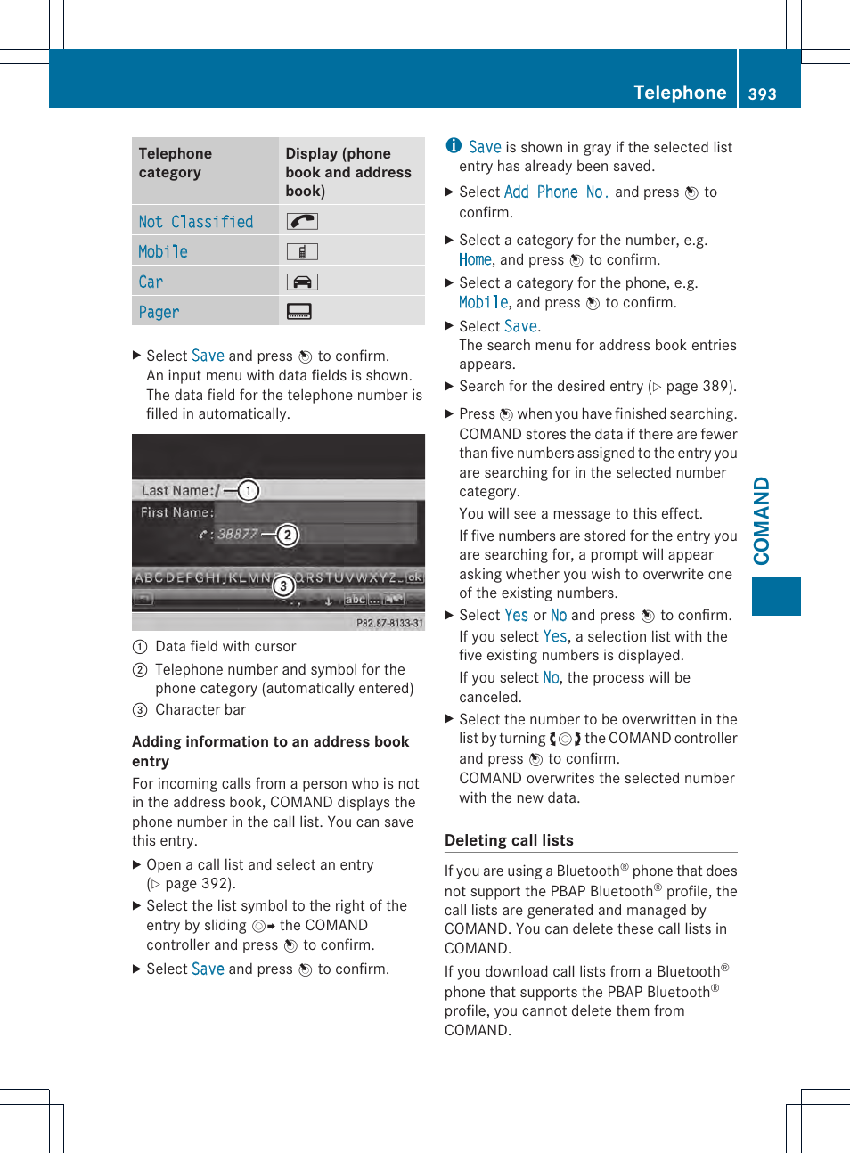 Comand, Telephone | Mercedes-Benz SL-Class 2013 Owners Manual User Manual | Page 395 / 590