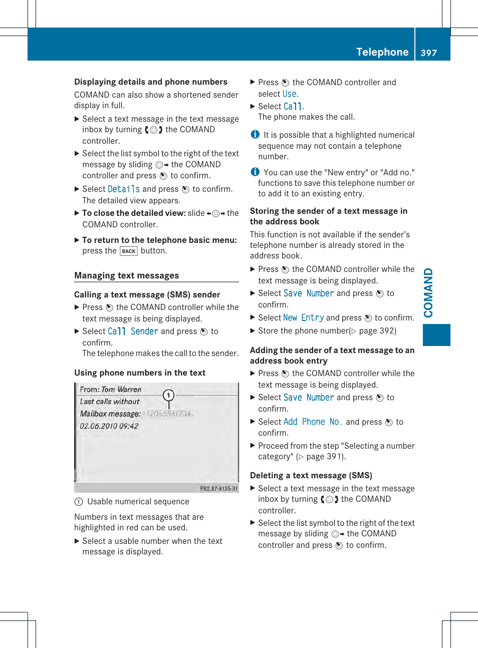 Comand, Telephone | Mercedes-Benz SL-Class 2013 Owners Manual User Manual | Page 399 / 590