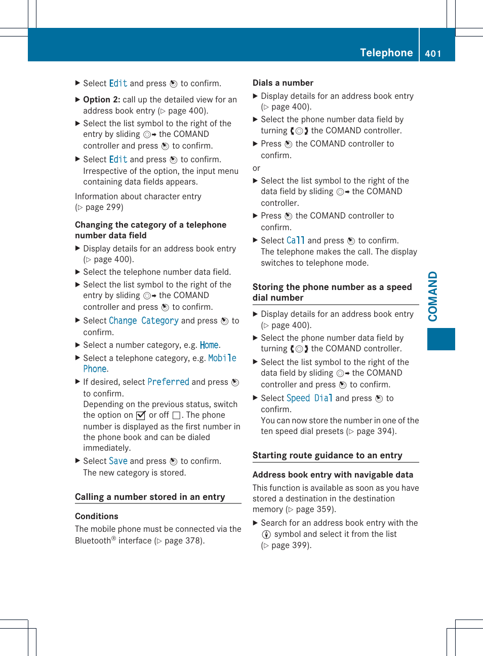 Comand, Telephone | Mercedes-Benz SL-Class 2013 Owners Manual User Manual | Page 403 / 590