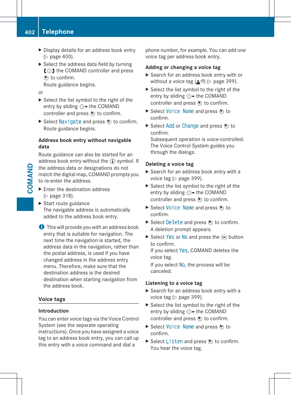 Comand, Telephone | Mercedes-Benz SL-Class 2013 Owners Manual User Manual | Page 404 / 590