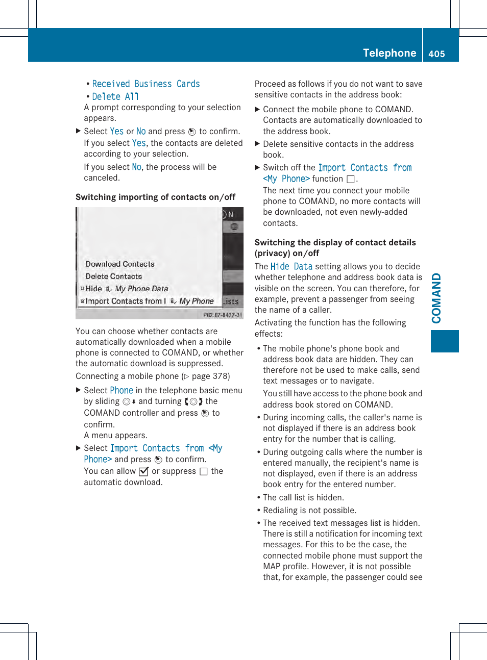 Comand, Telephone | Mercedes-Benz SL-Class 2013 Owners Manual User Manual | Page 407 / 590