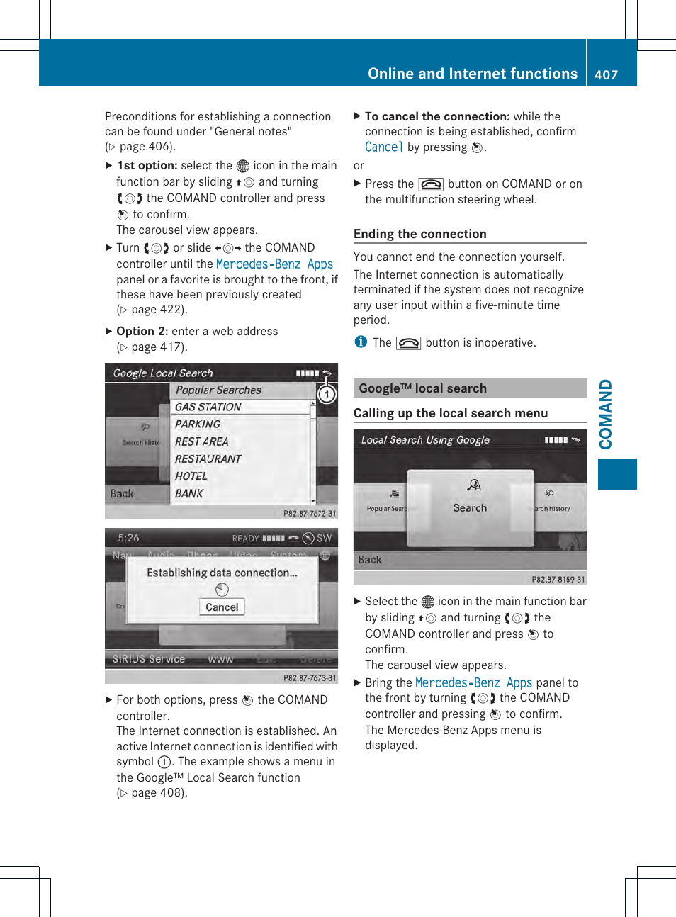 Comand, Online and internet functions | Mercedes-Benz SL-Class 2013 Owners Manual User Manual | Page 409 / 590