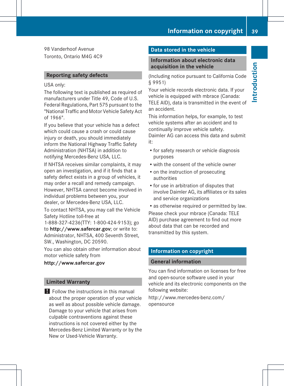 Intr odu ction, Information on copyright | Mercedes-Benz SL-Class 2013 Owners Manual User Manual | Page 41 / 590