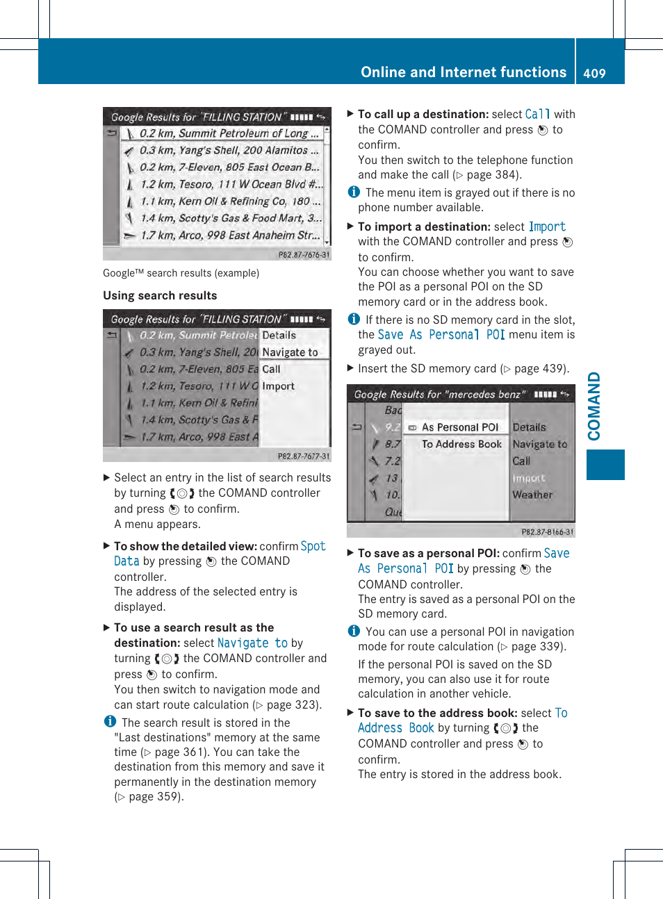 Comand, Online and internet functions | Mercedes-Benz SL-Class 2013 Owners Manual User Manual | Page 411 / 590