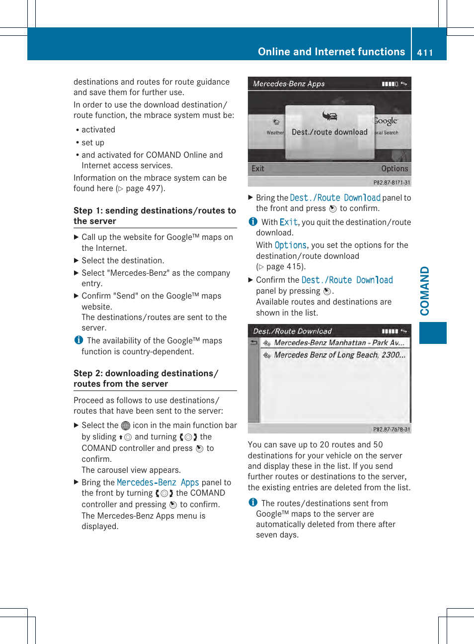 Comand, Online and internet functions | Mercedes-Benz SL-Class 2013 Owners Manual User Manual | Page 413 / 590