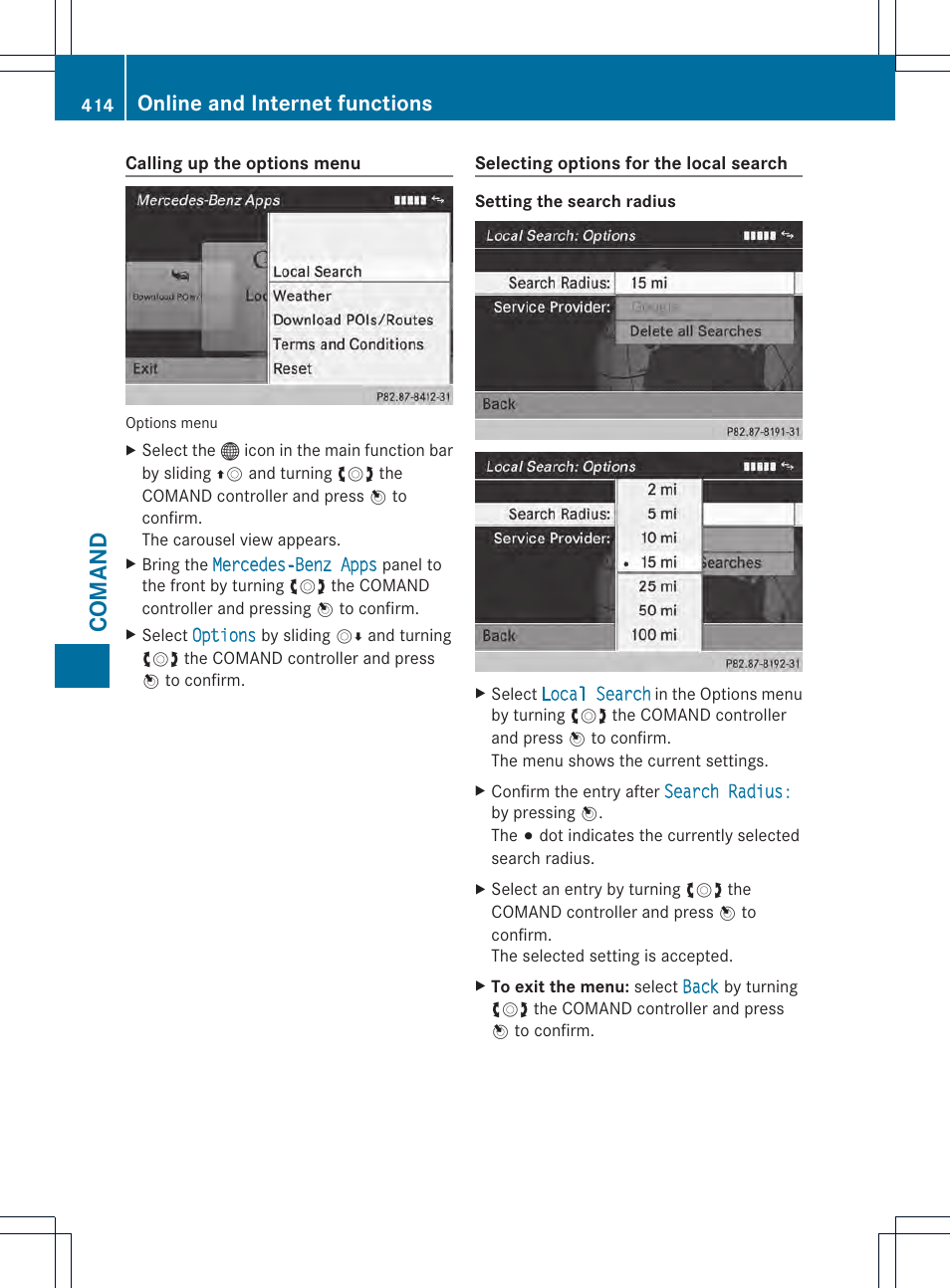 Comand, Online and internet functions | Mercedes-Benz SL-Class 2013 Owners Manual User Manual | Page 416 / 590