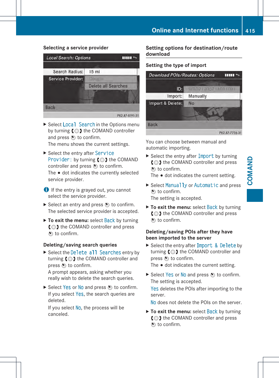 Comand, Online and internet functions | Mercedes-Benz SL-Class 2013 Owners Manual User Manual | Page 417 / 590