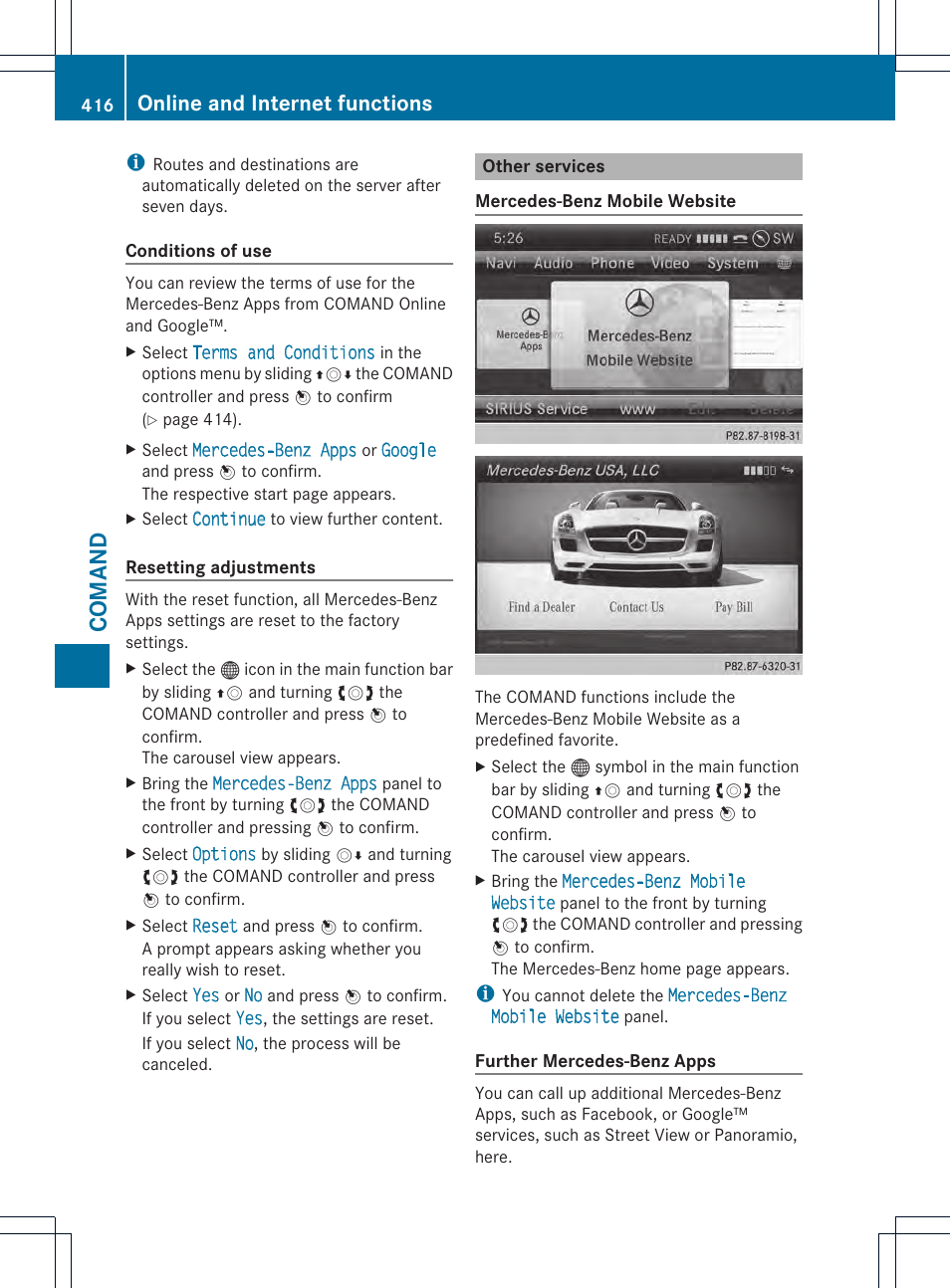Comand, Online and internet functions | Mercedes-Benz SL-Class 2013 Owners Manual User Manual | Page 418 / 590