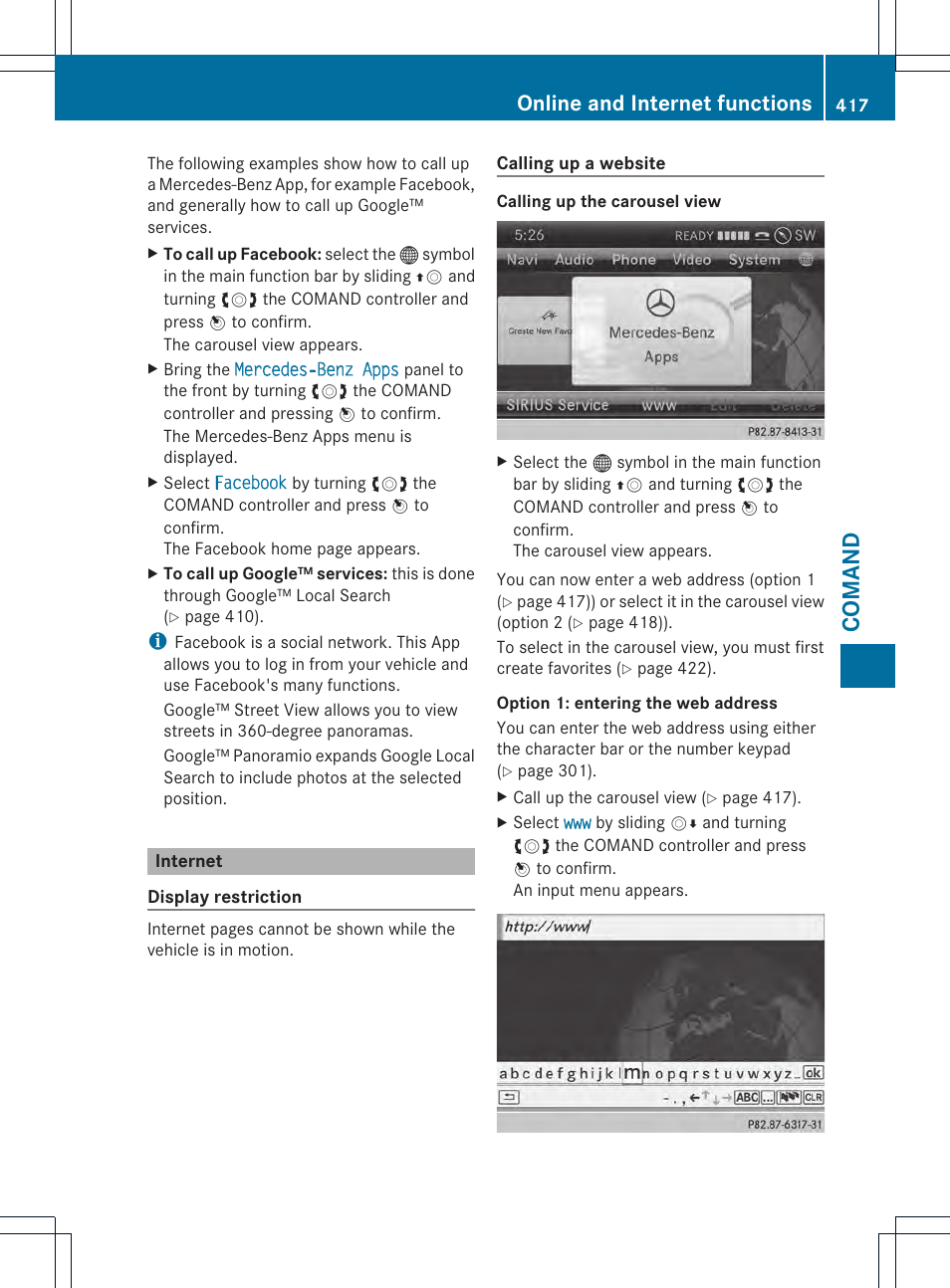 Comand, Online and internet functions | Mercedes-Benz SL-Class 2013 Owners Manual User Manual | Page 419 / 590